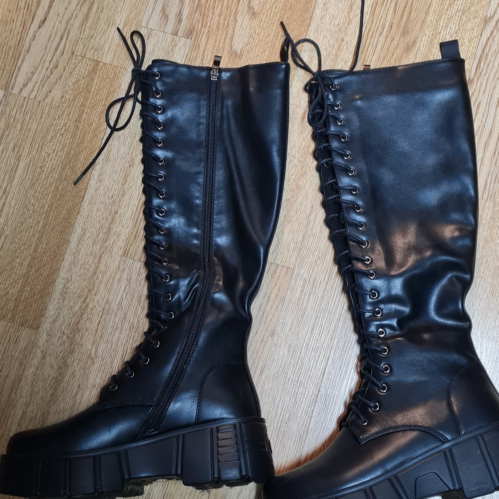 Black Lace-Up Knee-High Boots